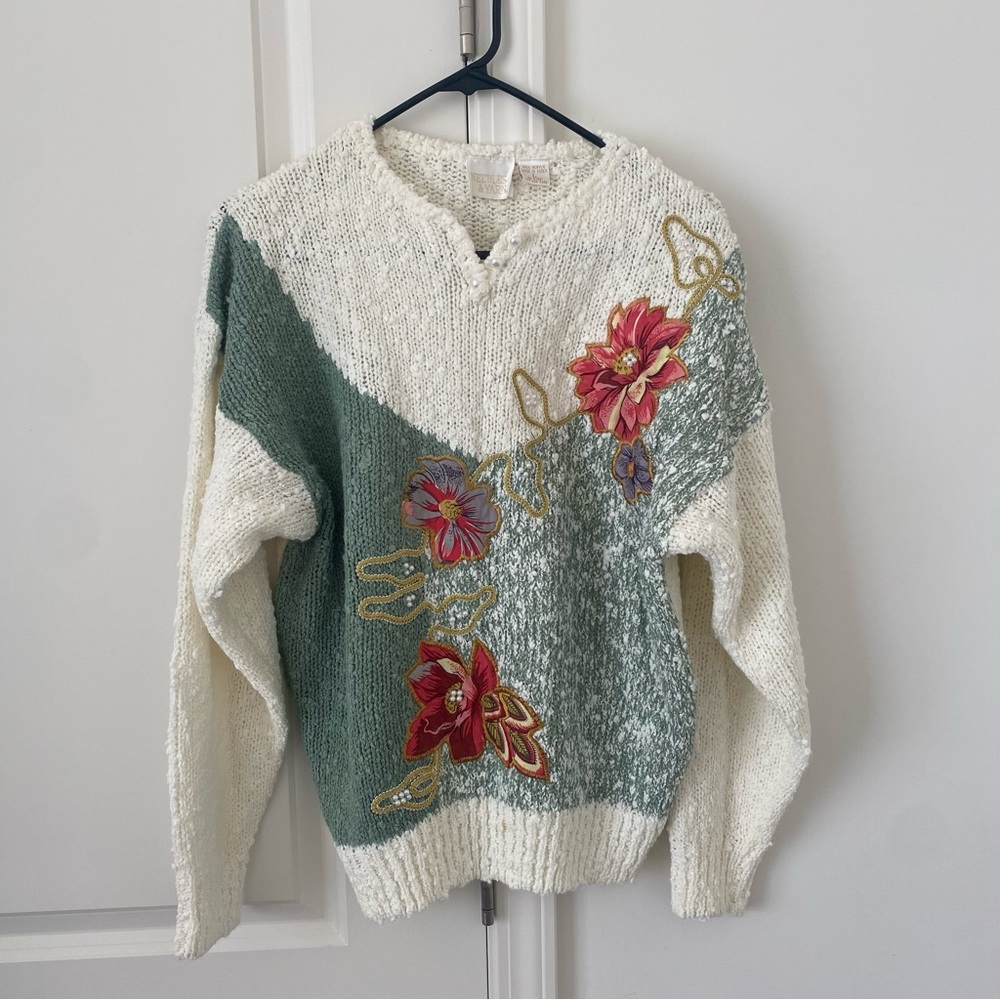 Vtg NEEDLES & YARN Floral Sweater Women Sz Large Ivory Floral GrandmaCore